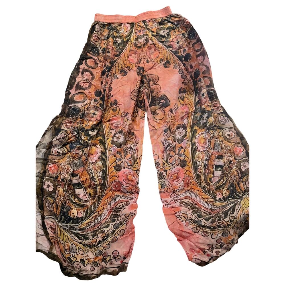 Natural Life Boho Floral Wide Leg Pants Small Coral Palazzo Elastic Waist - Picture 2 of 13